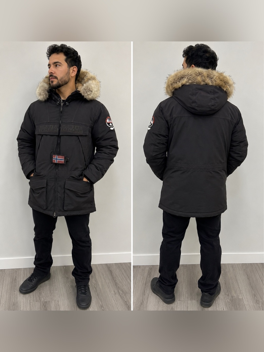 Napapijri Man Winter Coat With Fur Hoodie Lining Sz L‎